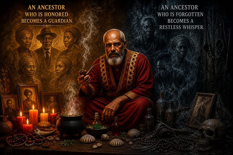 A beautifully arranged ancestral altar with white cloth, candle, water glass, photos, and offerings